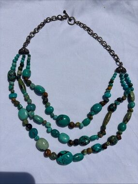 Gorgeous Turquoise and Brown Three-Strand Beaded Necklace